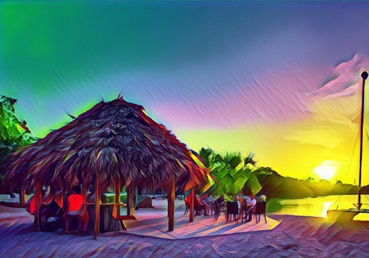Vibrant colors Tradewinds Bar palapa Orchid Bay, Belize
