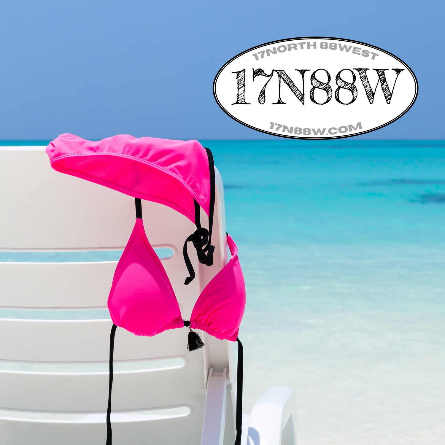 Chic Swimwear & Beachwear Collection, Pink Bikini hanging on a beach chair facing crystal blue waters.
