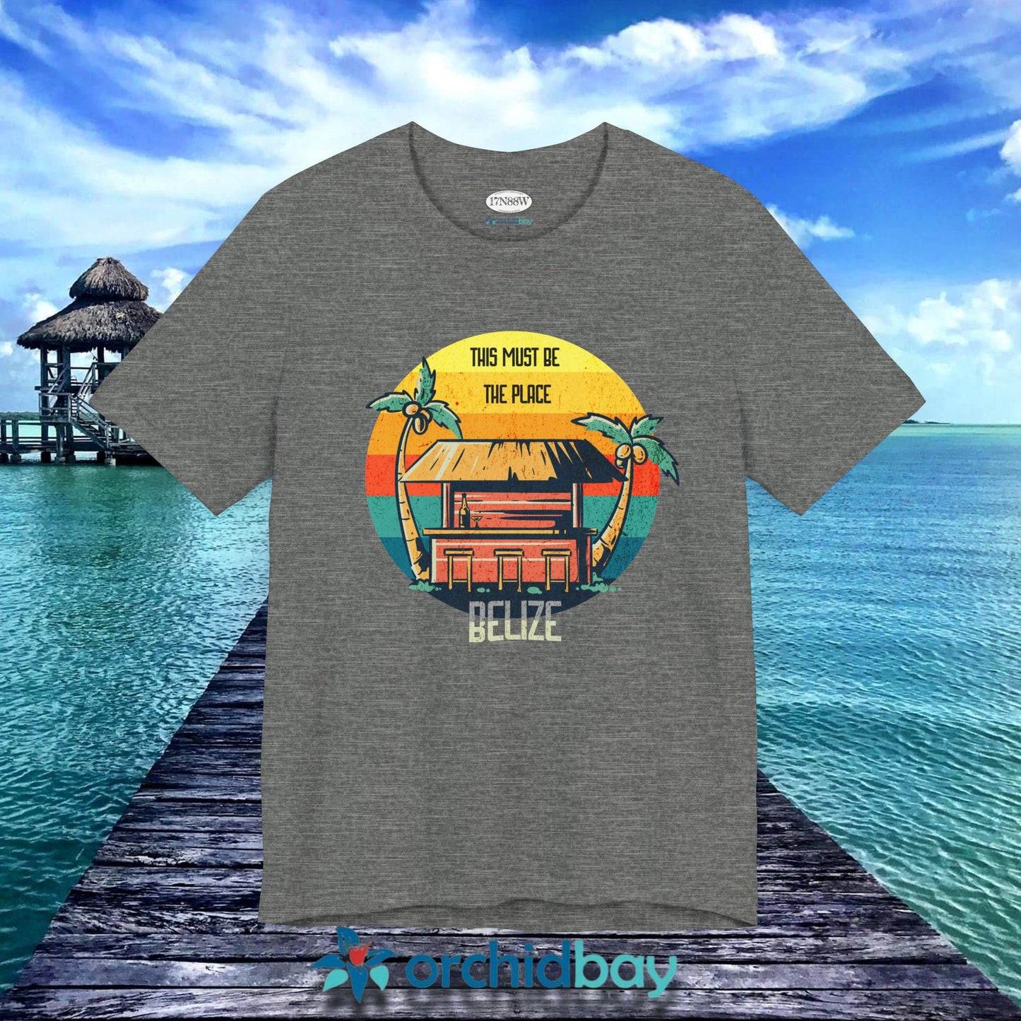Orchid Bay | Unisex Short Sleeve Tee | This Must Be The Place | Belize | Retro Sunset Tiki Bar
