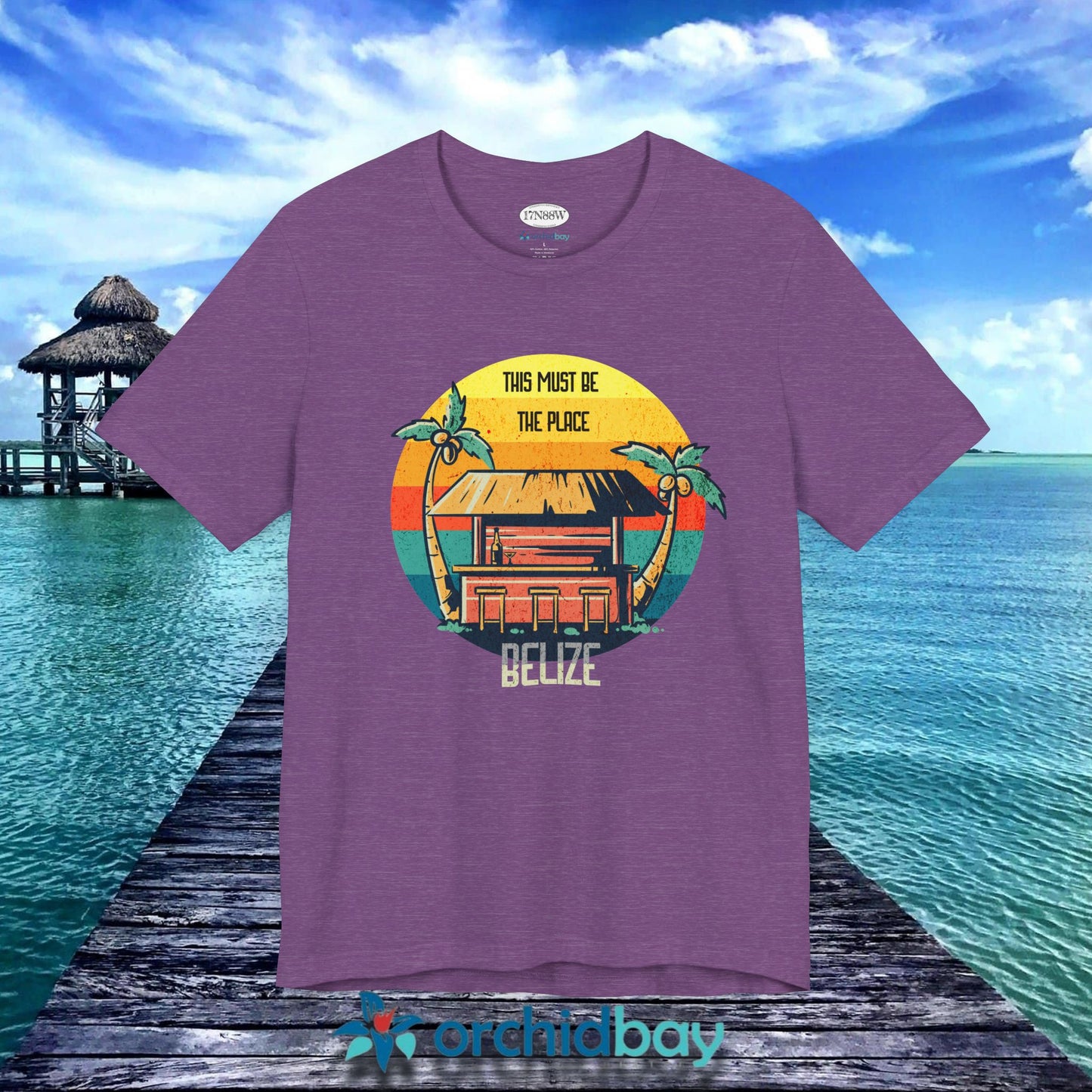Orchid Bay | Unisex Short Sleeve Tee | This Must Be The Place | Belize | Retro Sunset Tiki Bar