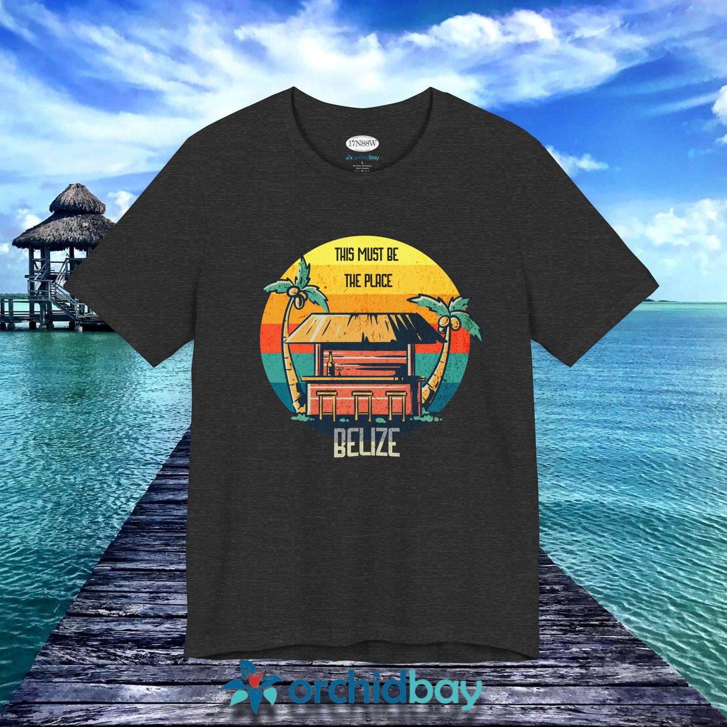 Orchid Bay | Unisex Short Sleeve Tee | This Must Be The Place | Belize | Retro Sunset Tiki Bar