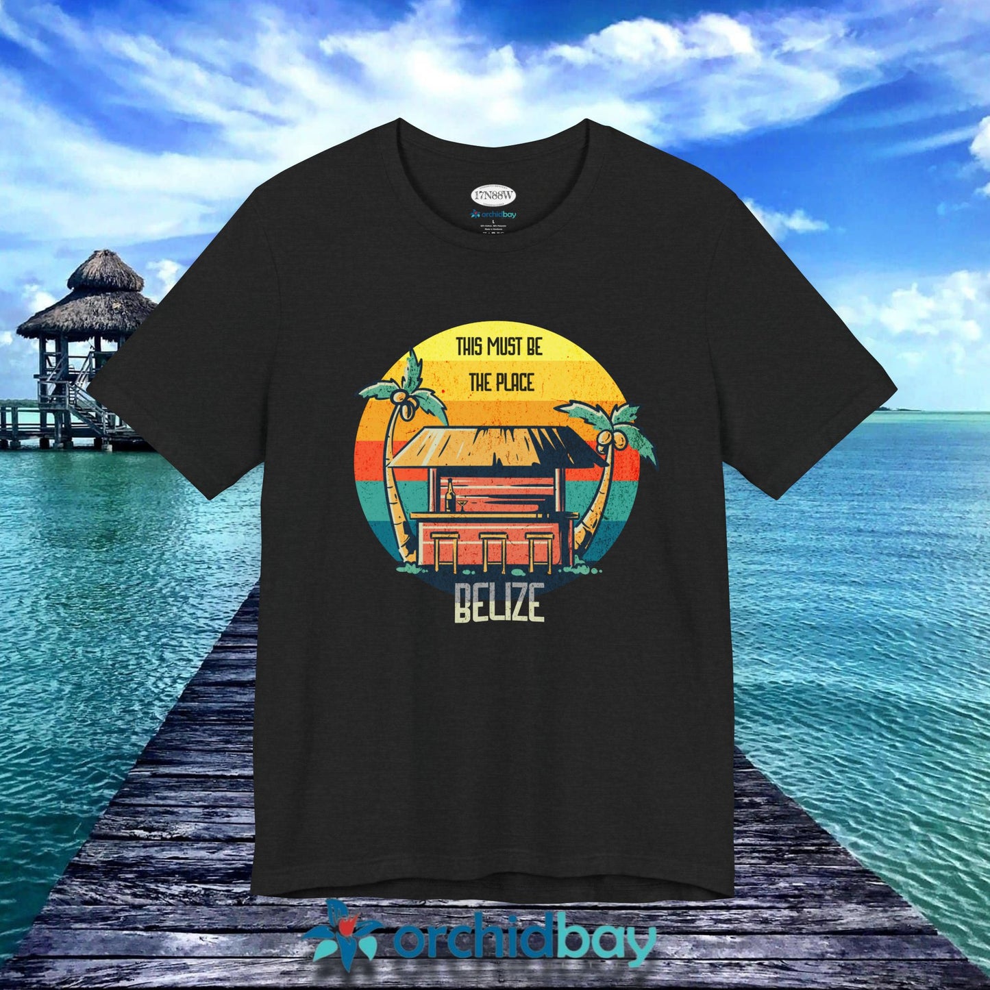 Orchid Bay | Unisex Short Sleeve Tee | This Must Be The Place | Belize | Retro Sunset Tiki Bar